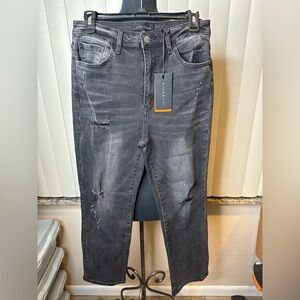 Risen High Rise Straight Leg Jeans Gray Black Distressed Size 11